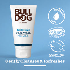 A tube of Sensitive Face Wash appears against a blue background, with icons showing its natural-origin ingredients, fragrance-free formula, vegan-approved and cruelty-free status, and gentle cleansing for sensitive skin.