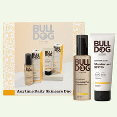 Advanced Anytime Daily Duo for men includes Cleansing Face Concentrate (100ml) and Moisturiser SPF 30 (75ml), made with natural origin ingredients and presented in sleek yellow and white packaging.