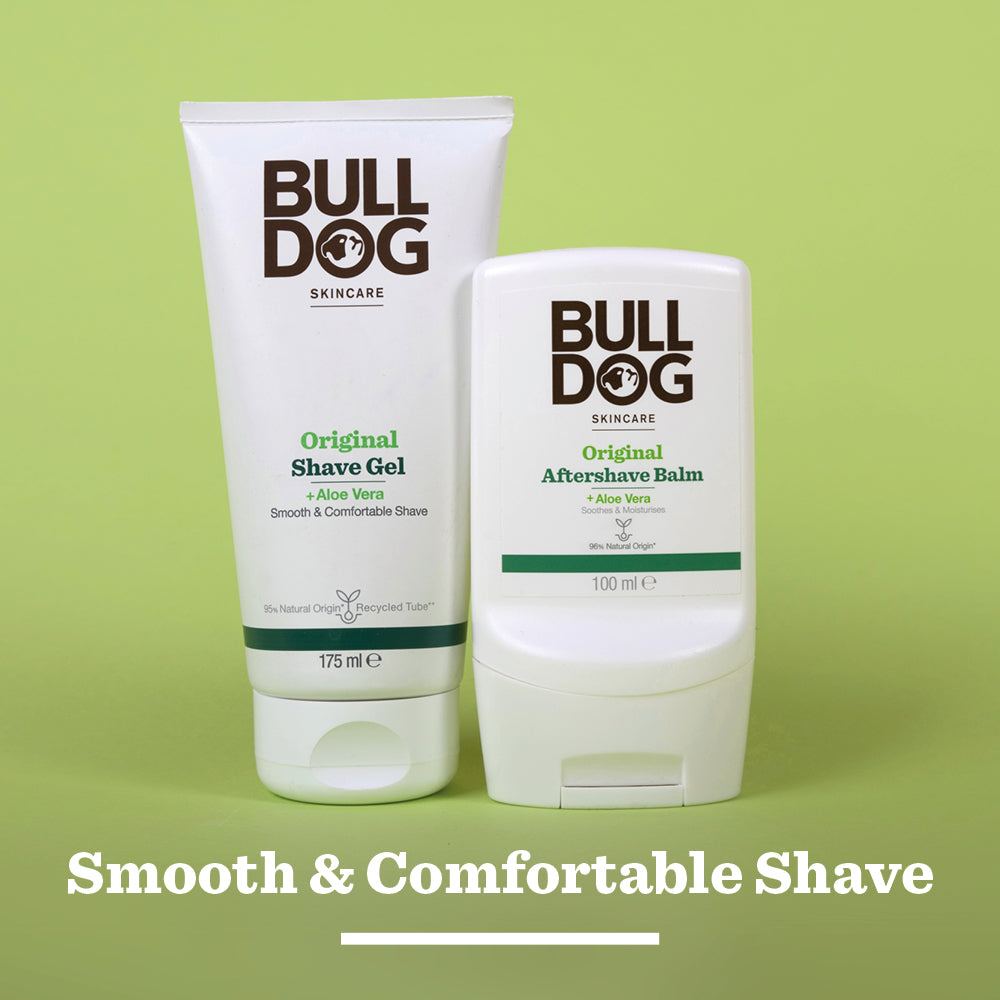 Bulldog Skincares Original Shave Gel for men is displayed on a green background with the text Smooth & Comfortable Shave beneath it.