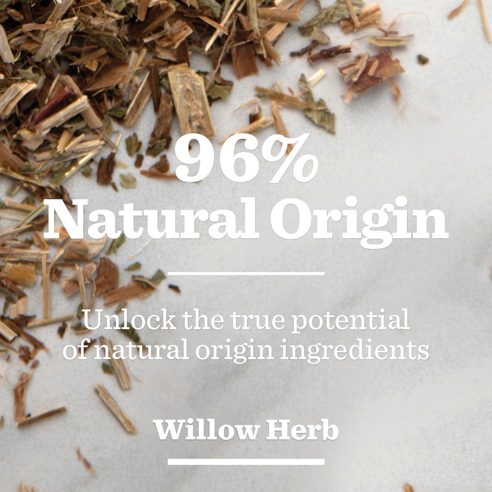 A close-up of dried willow herb pieces on a light surface. Text overlay: 96% Natural Origin. Sensitive Shave Gel for men with willow herb—gently unlock the power of natural ingredients for sensitive skin.