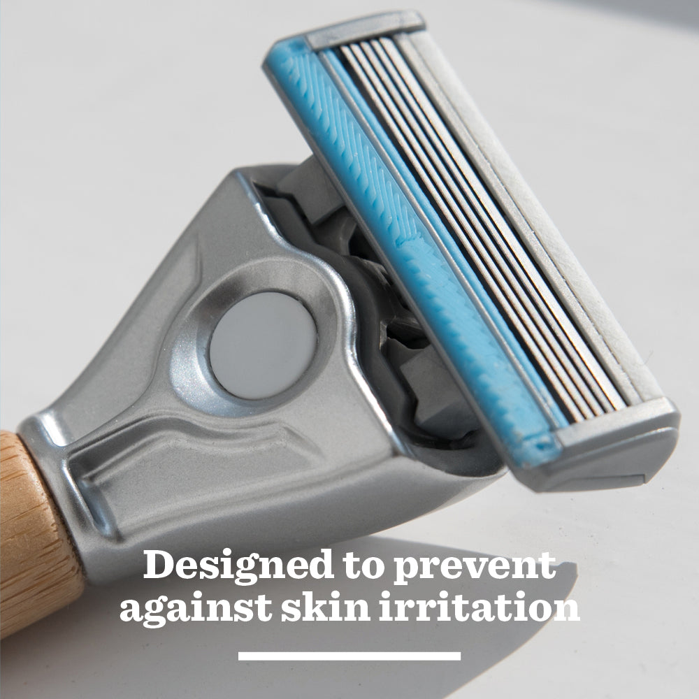 A close-up of the Sensitive Bamboo Razor, featuring a wooden handle and blue strip, with text: Designed to prevent skin irritation.
