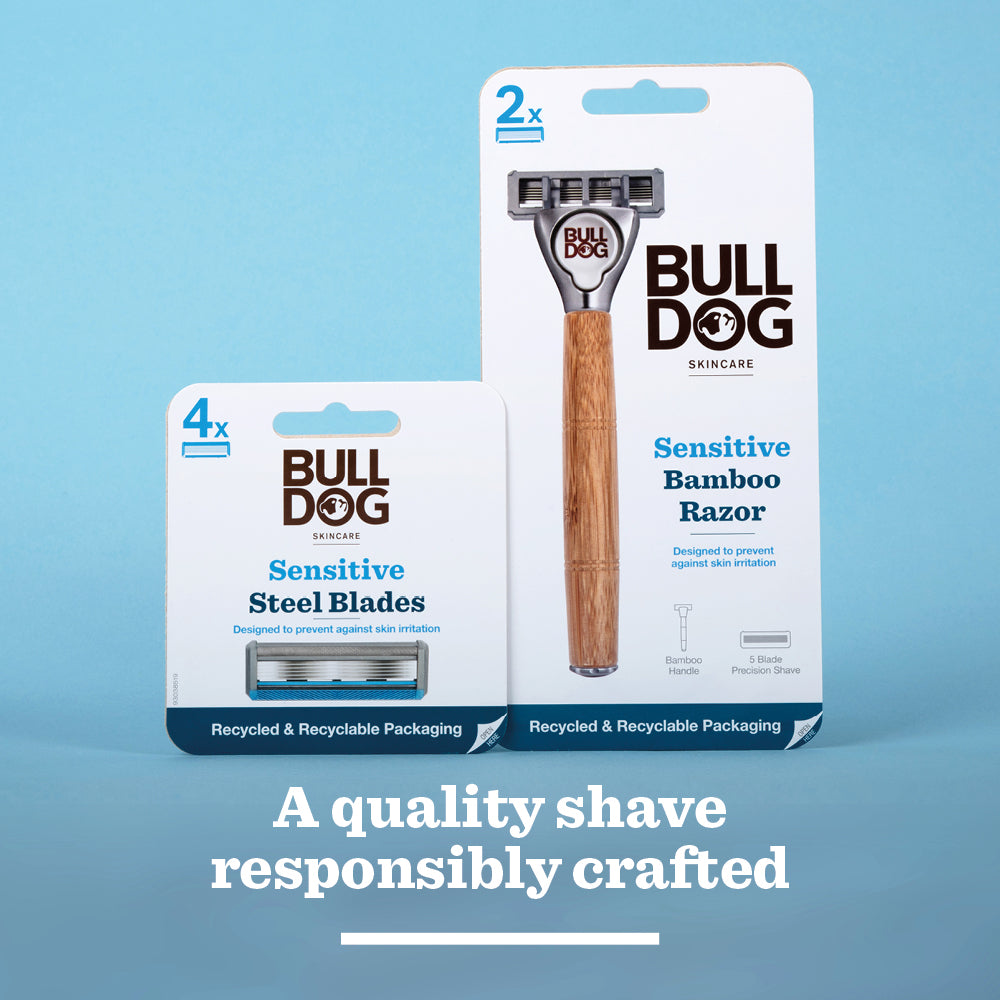 The Sensitive Bamboo Razor is shown with 4-pack blades in recyclable packaging against a blue background, featuring the text: A quality shave responsibly crafted.