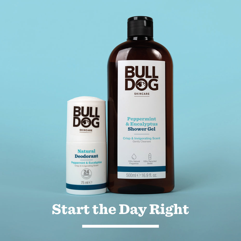 Bulldog’s Peppermint & Eucalyptus Natural Deodorant and a shower gel are shown on a light blue background with the words “Start the Day Right” underneath.