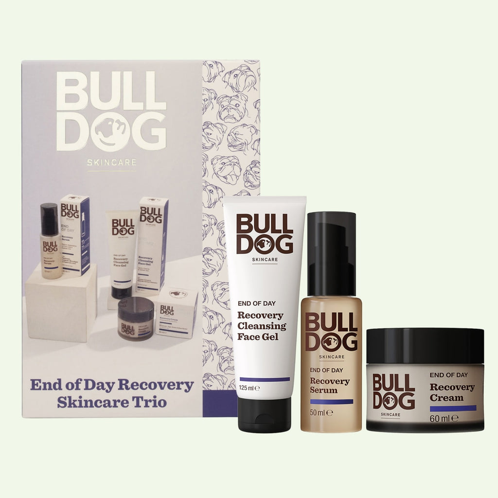 The End of Day Recovery Trio for men includes Cleansing Face Gel, Serum, and Cream with natural origin ingredients, all featured in front of the box—ideal for your nightly skincare routine.