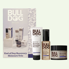 The End of Day Recovery Trio for men includes Cleansing Face Gel, Serum, and Cream with natural origin ingredients, all featured in front of the box—ideal for your nightly skincare routine.