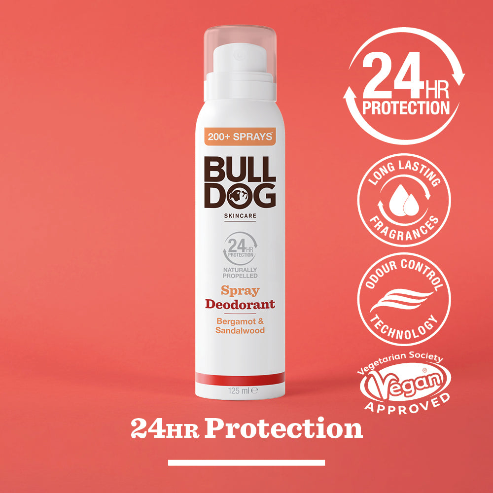 The Energising Spray Deodorant Bundle sits on a red background, offering 24-hour protection, long-lasting bergamot & sandalwood fragrance, odor control technology, and Vegan Society approval. Perfect paired with the Energising Face Wash.