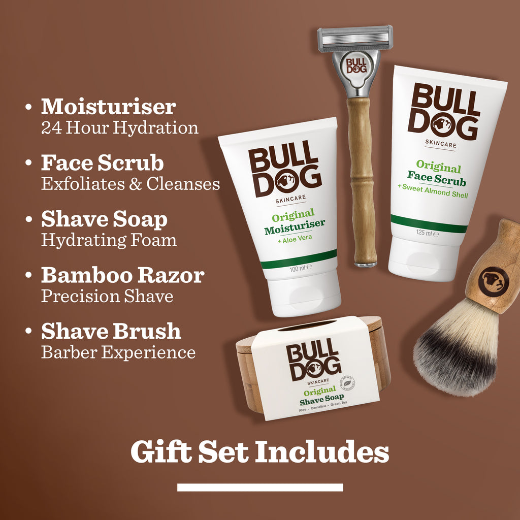 Premium Gift: Shave Collection includes a bamboo razor, moisturizer, face scrub, shave soap, and brush. Perfect for men, it features clear labels and a list of included items with their features on the left.