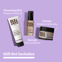 The End of Day Recovery Trio for men, shown on a purple background, includes cleansing gel, recovery serum, and cream with natural origin ingredients to cleanse, refresh, care for, hydrate, and soothe skin.