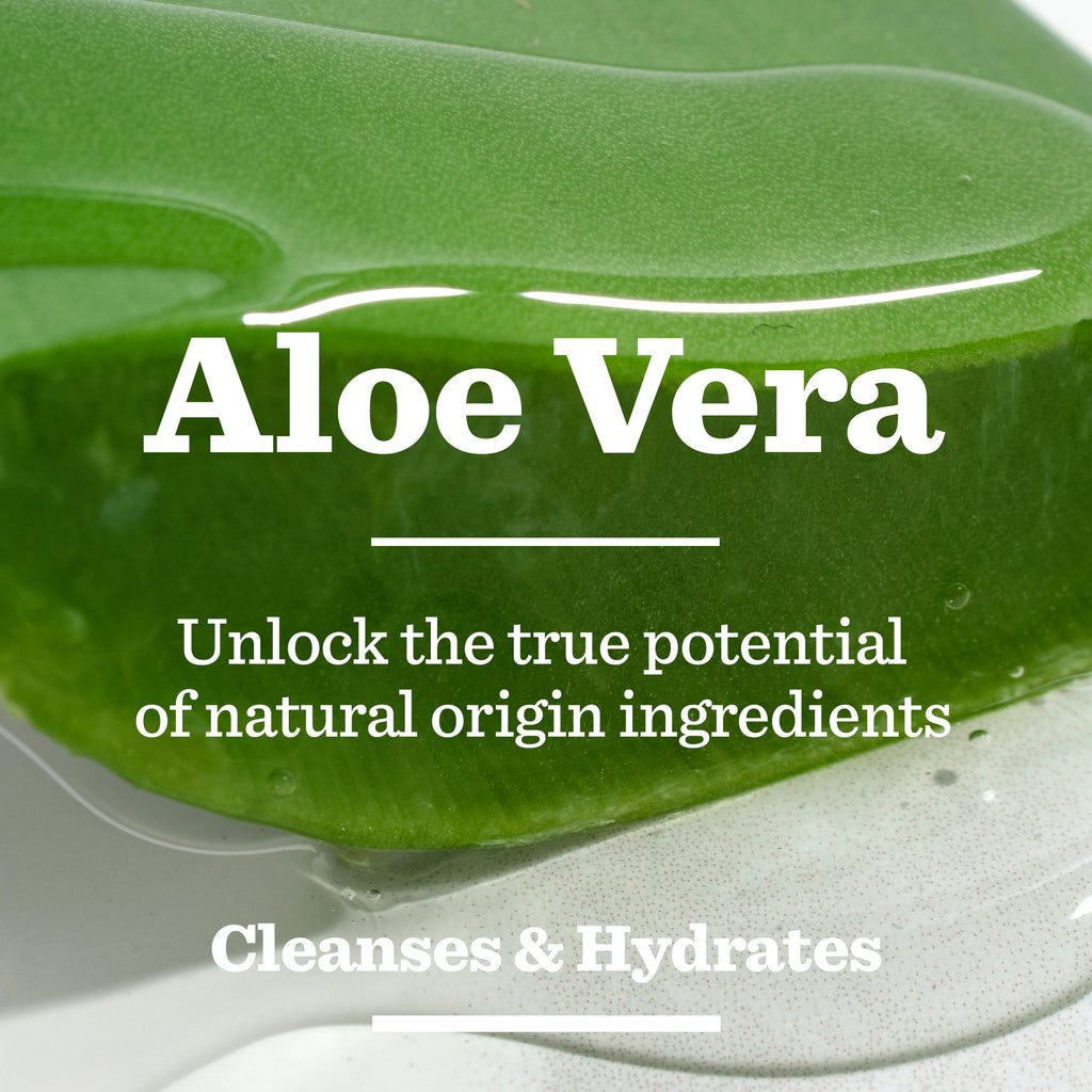 Close-up of a green aloe vera leaf with clear gel, overlaid with text: Aloe Vera. Discover the power of natural origin ingredients in our Original Skincare Trio. Cleanses & hydrates—ideal Bulldog gift for men.