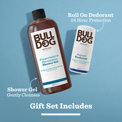 The Peppermint & Eucalyptus Body Care Duo, featuring a refreshing shower gel and roll-on natural deodorant, is displayed on a blue background—an ideal gift for men seeking invigorating scents and effective skincare.